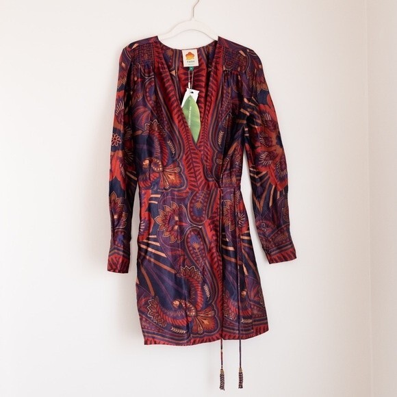 NEW Farm Rio Macaw Arabesque Mini Wrap Robe Dress Red Satin Size XS - Picture 5 of 14